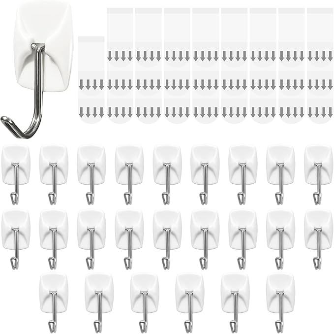 Small Wire Hooks for Wall 24 Hooks + 26 Adhesive Strips,Damage Free Hanging Wall Hooks with Adhesive Strips,No Tools Adhesive Hooks for Key Holder,Christmas Decorations (Holds up to 0.5 lb)
