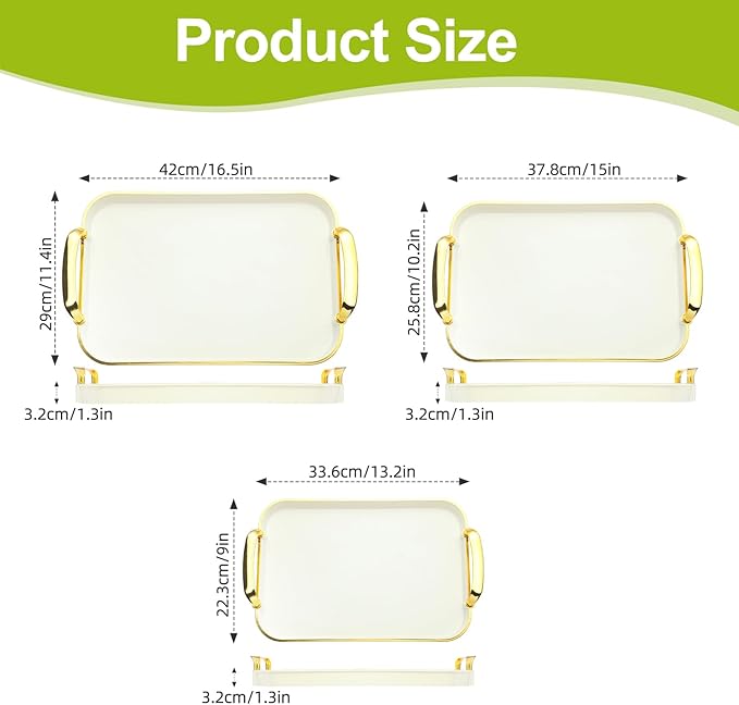 3 Pack Serving Tray with Handles, Stackable Reusable Trays for Serving Food, Plastic Serving Platters for Party, Charcuterie, Fruit, Appetizer, Cream Gold
