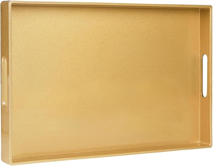MAONAME Gold Decorative Tray for Coffee Table, Modern Serving Tray with Handles, Plastic Ottoman Trays for Living Room, Bathroom Decor, 15.8" L x 10.2" W x 1.4" H