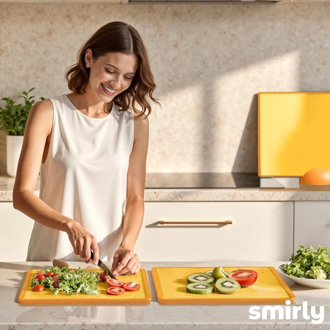 SMIRLY Plastic Cutting Board Set with Holder 3 Pieces, Non-Slip Dishwasher Safe Chopping Boards for Kitchen, Yellow