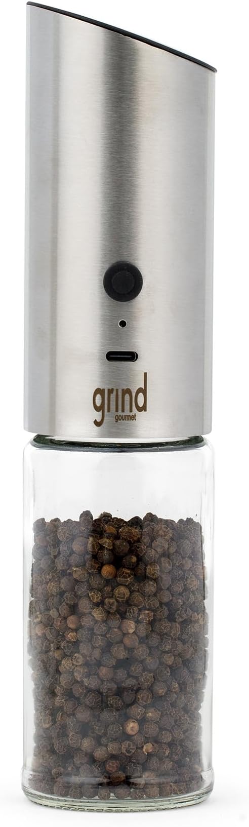 Grind Gourmet Automatic Electric Salt or Pepper Grinder Mill, USB Rechargeable, Adjustable Coarseness, One-Handed Operation, Stainless Steel