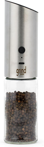 Grind Gourmet Automatic Electric Salt or Pepper Grinder Mill, USB Rechargeable, Adjustable Coarseness, One-Handed Operation, Stainless Steel