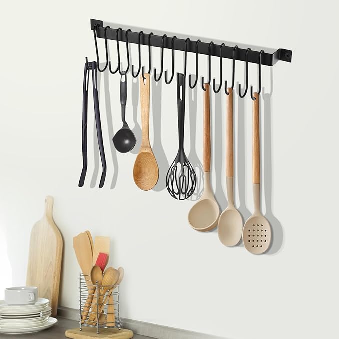 Kitchen Utensil Rack with 15 Hooks, 17 Inch Pots and Pans Hanging Rack Wall Mounted, Steel Cooking Utensil Hanger, 4 Pack