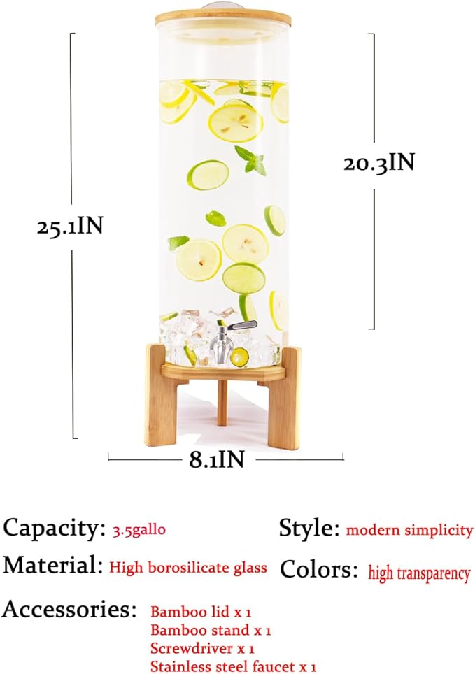 Beverage Dispenser,3.5 Gallon Glass Drink Dispenser with Stand,Glass water dispenser with Spigot, Large Drink Dispensers for Parties,Water Dispensers for Bar,Wedding,Restaurants 13L