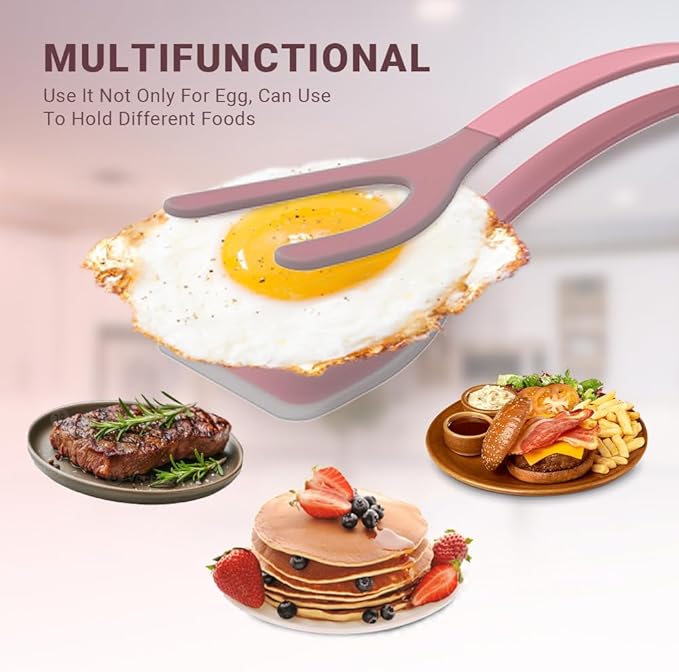 Silicone Egg Flipper Spatula Tongs (Set of 1) – Non-Stick 2-in-1 Grip & Flip Kitchen Tongs for Pancakes, Fish, Eggs, and More – Heat Resistant Cooking Tool (Black) (Pink)