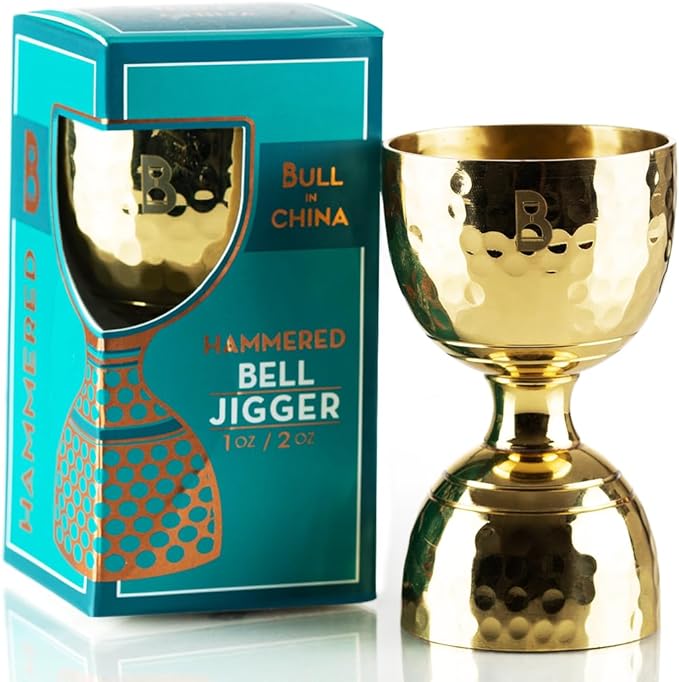 Hammered Bell Jigger by Bull In China - Premium 100% Brass with 0.25oz to 2oz Measures for Cocktails, Bars & Bartenders