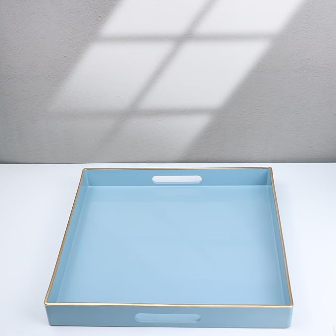 Spsyrine Light Blue Decorative Tray for Living Room, Square Modern Plastic Coffee Serving Table Tray for Ottoman Bathroom Kitchen, 13"*13".