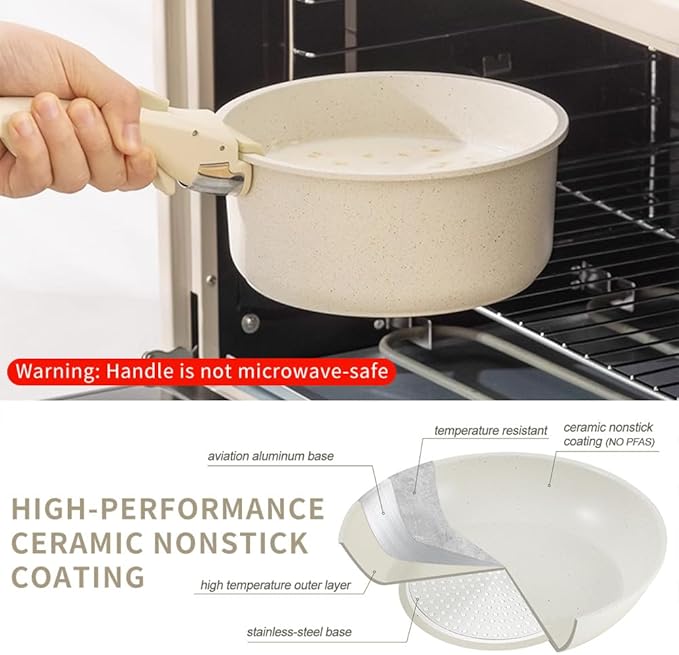 7-Piece Detachable Handle Non-Stick Cookware Set,with Beige Granite Texture Pots And Pans Set With Resistant to High Temperatures, Oven Safe, PFAS Free