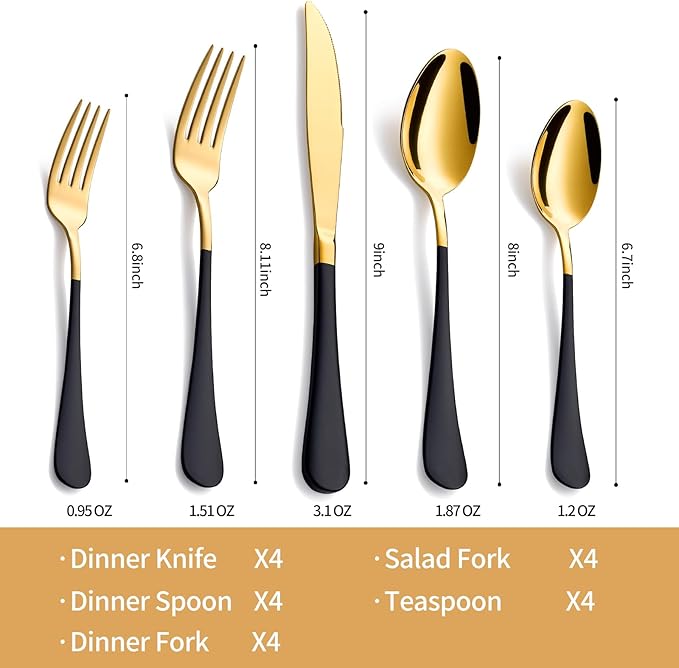 20-Piece Black and Gold Silverware Set 18/0 Stainless Steel Silverware Set Black Handle Cutlery Set Service for 4 Dinner Knives Forks Spoons Set Flatware Set Finish Dishwasher Safe