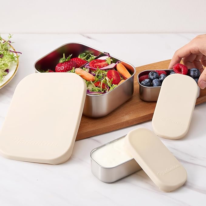 Flexibento - Leak proof Stainless Steel Lunch Box | Lunch Containers| Steel Bento Box |Sandwich Containers| Snack Containers |Metal lunch Box |Vanilla| 1 * 27 OZ+2 * 6.5 OZ|SIlicone lids