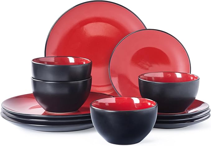 Plates and Bowls Sets for 4 - CJDC-QUELO 12-Piece Stoneware Dinnerware Sets, Ceramic Dishware Set for Indoor Kitchen Use and Formal Dining, Chip and Scratch Resistant Microwave Dishwasher Safe, Red