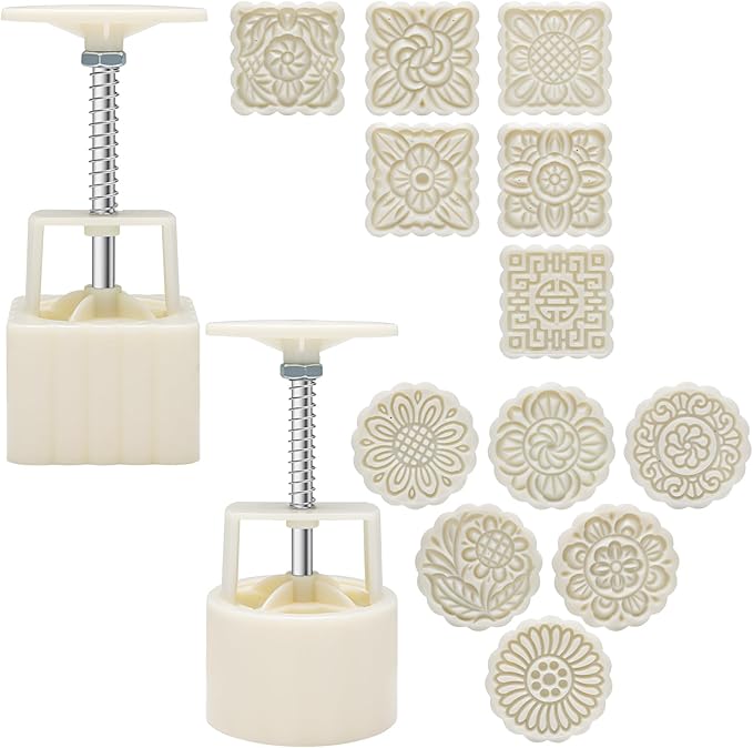 Luxiv Moon Cake Mould, 12 PCS Pattern Hand-Pressure Mooncake Molds for Mid-Autumn DIY Pastry Tool 2 Set with 6pcs Round Flower Mooncake Mode and 6 Pcs Square Pattern Mooncake Mould (White, 100g)