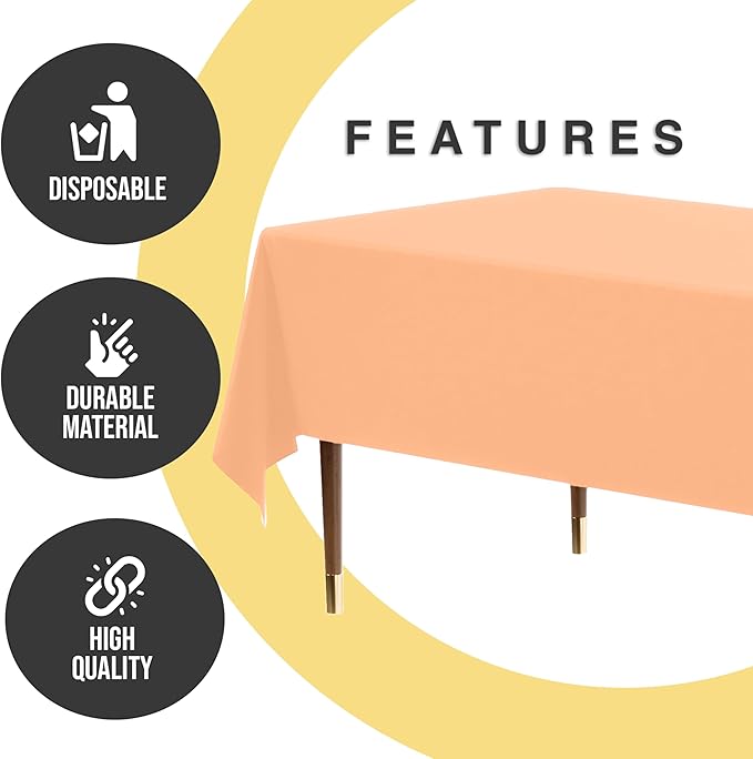Exquisite 66% Thicker Premium Plastic Table Cloth Rectangle Table Cover 0.5 Mil 6 Pack Peach Table Cloth 54 Inch x 108 Inch Disposable Tablecloth Won't Tear Easily Like Cheap Thin Brands