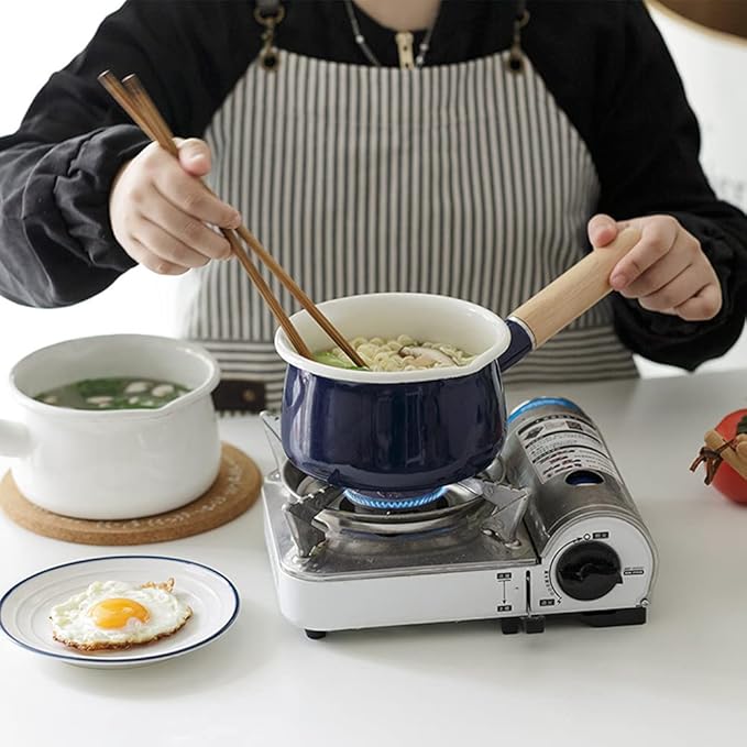 Enamel Milk Pan with Dual Pour Spout Butter Warmer Milk Pot for Stove Top Healthy White Enameled Inside Coating Iron 1QT Small Soup Pot with Wooden Handle (Blue)