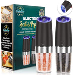 Electric Gravity Salt and Pepper Grinder set of 2, Automatic Salt and Pepper Mill Grinder, Adjustable Roughness, Battery Powered, Blue LED Light, Stainless Steel with One Hand Operation (Black)
