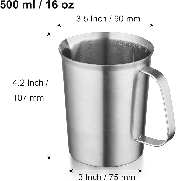 CURTA 18/8 Stainless Steel Measuring Cup with Handle and Pour Lip, Metal Pitcher with Oz and ML marking, 16OZ/500ML- 2 Cup), Heavy-Duty Pitcher