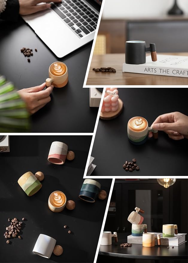 2-Oz Ceramic Espresso Cups with Wood Handle, 2/4-Piece Set for Coffee, Tea, Latte - Dishwasher Safe, Multi-Color & Wood Styles, Gift & Café Use (Kiln turning green, Wooden Handle4)