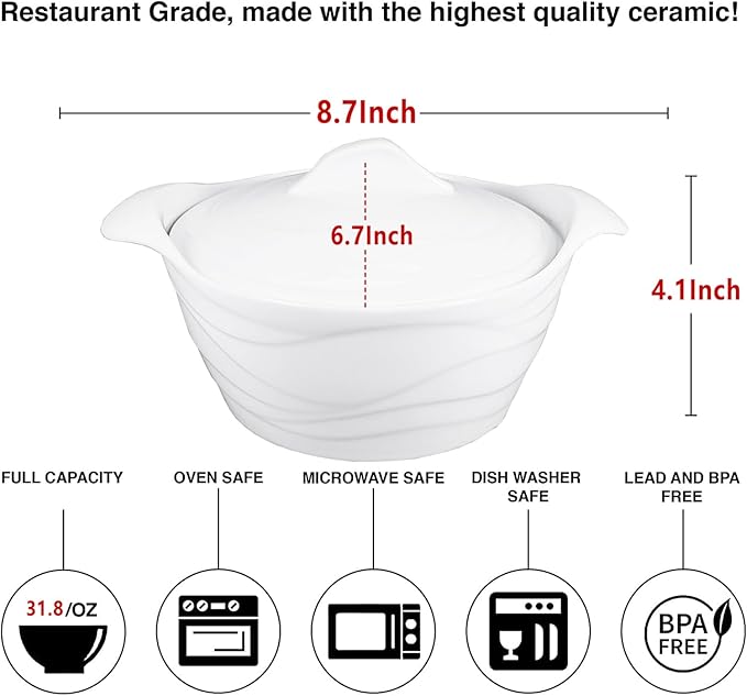Casserole Dish 31.8 ounce French White Ceramic Bakeware Set with Lids, Chip and Crack Resistant Stoneware Baking Dish, Microwave, Dishwasher, Oven, Freezer and Fridge Safe (8.7 Inch)