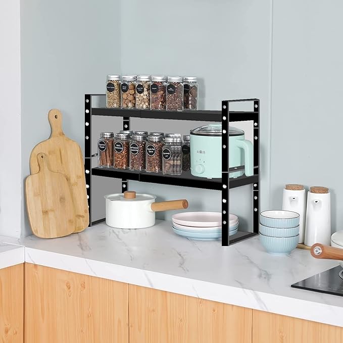 Expandable Stackable Spice Rack Cabinet Shelf Organizer in Cabinets Shelves Kitchen Cupboard Organization Stack up Racks Pantry Countertop Storage Medium/Black 1 Pack