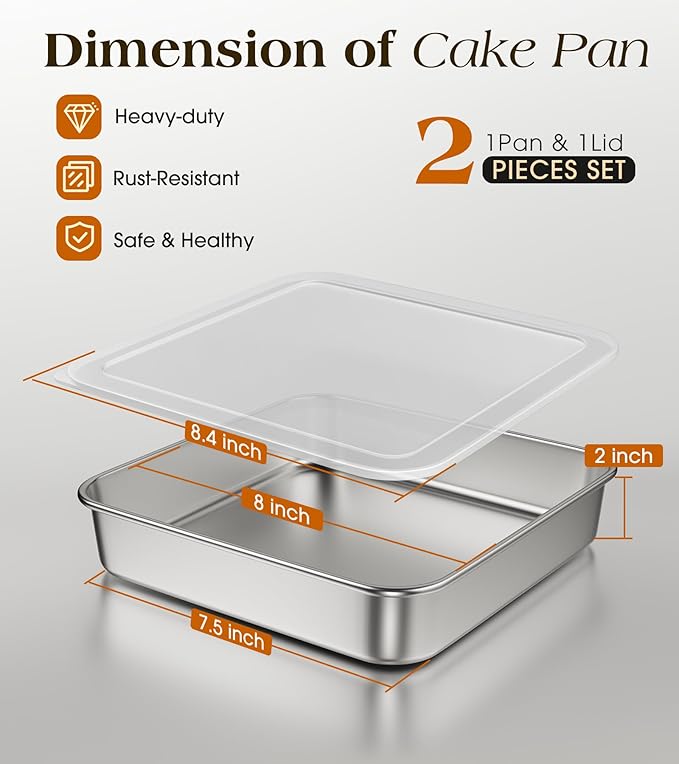 8 x 8-Inch Baking Pan with lid, 304 Stainless Steel Square Cake Pan, Commercial Grade Bakeware for Cakes Brownies Casseroles, Thicker Rectangle Sheet Cake Pans, Non-toxic & Heavy Duty &Dishwasher Safe