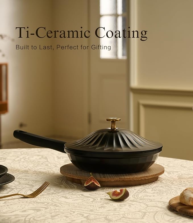 Nonstick Ceramic Cookware Set (7 Piece)–Titanium Cast Aluminum Pots and Pans Set with Lids, Non Toxic PFAS-Free Compatible with All Stovetops–Jet Black