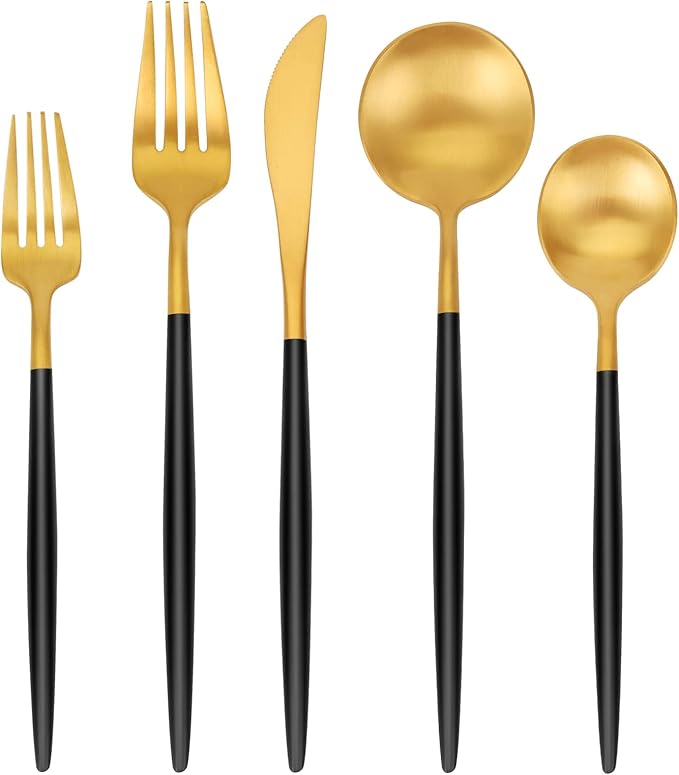 SHARECOOK 30-Piece Matte Gold Silverware Set - Stainless Steel Satin Finish Flatware Service for 6, Kitchen Utensil Set With Black Handle