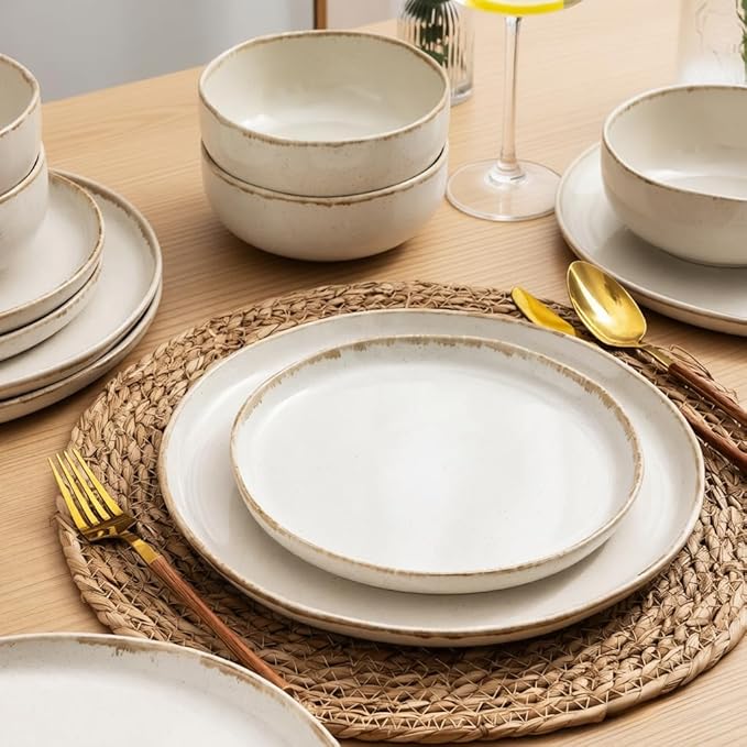 AmorArc Ceramic Dinnerware Sets, Wavy Rim Stoneware Plates and Bowls Sets, Highly Chip and Crack Resistant | Dishwasher & Microwave Dishes set, Service for 4 (12pc)-Speckled Cappuccino