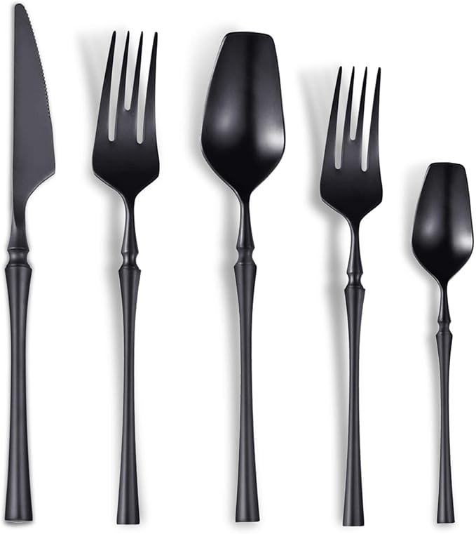 Lemeya 20-Piece Matte Black Silverware Set for 4,Modern 18/10 Stainless Steel Flatware Set,Unique Rustic Cutlery Utensils Set,Spoon and Fork Set for Home, Restaurant,Mirror Polished,Dishwasher Safe