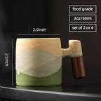 2-Oz Ceramic Espresso Cups with Wood Handle, 2/4-Piece Set for Coffee, Tea, Latte - Dishwasher Safe, Multi-Color & Wood Styles, Gift & Café Use (Kiln turning green, Wooden Handle4)