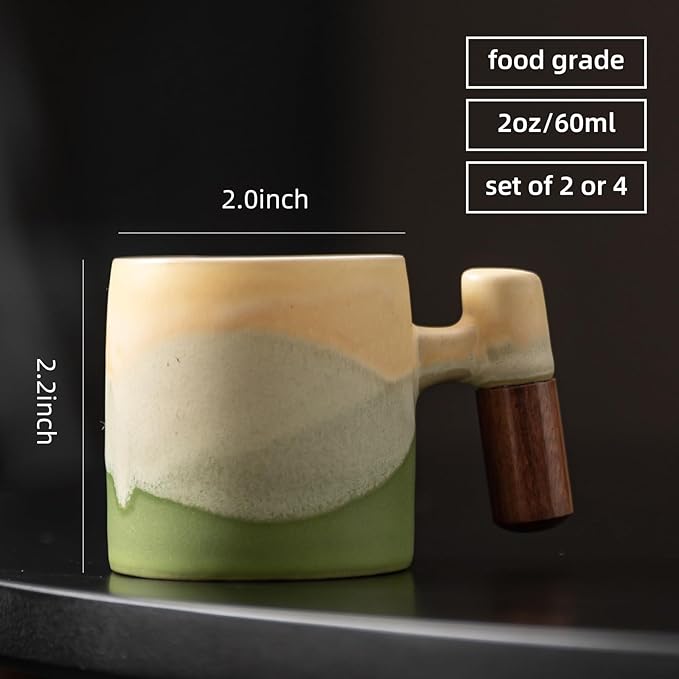 2-Oz Ceramic Espresso Cups with Wood Handle, 2/4-Piece Set for Coffee, Tea, Latte - Dishwasher Safe, Multi-Color & Wood Styles, Gift & Café Use (Kiln turning green, Wooden Handle4)
