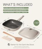 10.5 Inch(3.8QT) Deep Frying Pan,Non Stick Frying Pans Cast Aluminum,Ti-Ceramic Non Toxic Pix Pan with Lid,Natural Wooden Spatula and Loofah Scrubber-Morning Mist
