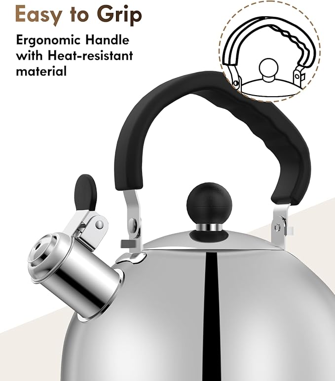 Tea Kettle for Stove Top - Stainless steel Teapot,2 Quart Camping Kettle, Efficient Heating, Audible Whistle, Safe Handle - Hot Water kettle & Tea Pot Stovetop (Silver)