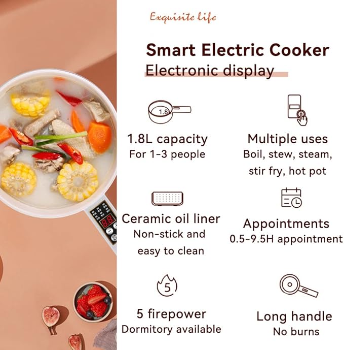 Drizzle Electric Hot Pot Cooker Steamer 1.8L Multifunctional Nonstick Pan Dormitory Office Portable Ramen Cooker Steamer Boil Dry Protection Suitable For Noodles Steak Cooker Eggs StirFrying
