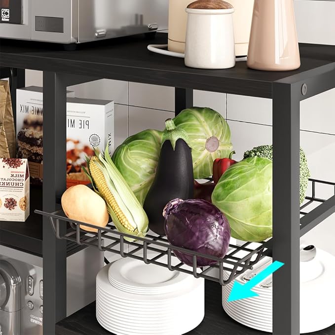 GarveeHome Microwave Stand Bakers Rack with Power Outlet, Kitchen Baker Rack with Wire Basket, 6-Tier Large Freestanding Utility Storage Shelf for Kitchen Dining Living Room, Rustic Black