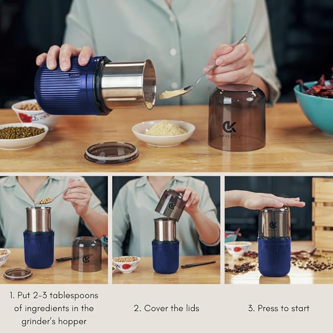 Coffee Grinder [ 170g / 5.7 OZ ], Shockproof Herb & Spice Grinder in Blue Color, with 304 Stainless Steel Removable Bowl and Sharp Blades, Espresso, Fast and Reliable. (Blue)