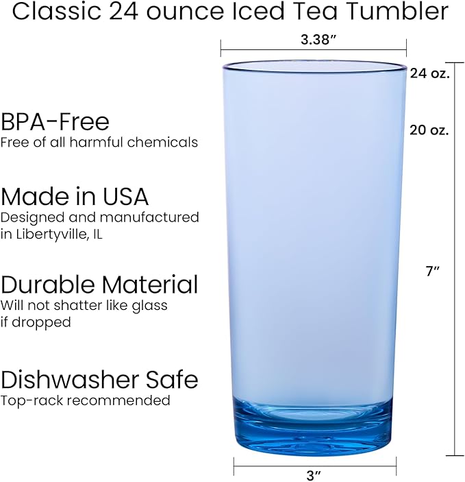 US Acrylic Classic Plastic Reusable Drinking Glasses (Set of 6) 24oz Iced Tea Cups Assorted Colors | BPA-Free Tumblers, Made in USA | Top-Rack Dishwasher Safe
