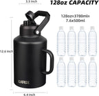 BJPKPK 1 Gallon Water Bottle with Handle, Large Dishwasher Safe 128oz Insulated Water Bottle, BPA Free Water Jug, Wide Mouth Metal Water Bottle with Anti-slip Bottom, Keep Cold & Hot,Black
