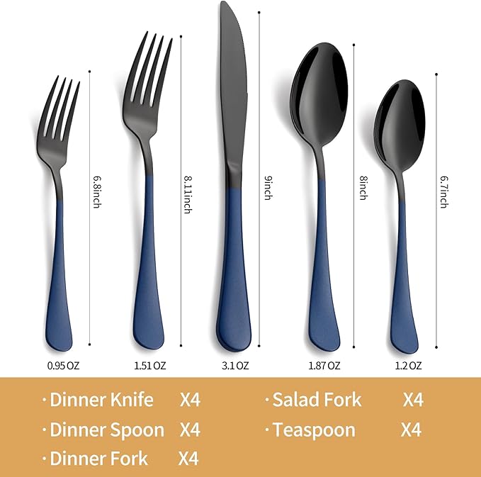 20-Piece Black and Dark Blue Silverware Set 18/0 Stainless Steel Silverware Set Dark Blue Handle Cutlery Set Service for 4 Dinner Knives Forks Spoons Set Flatware Set Finish Dishwasher Safe