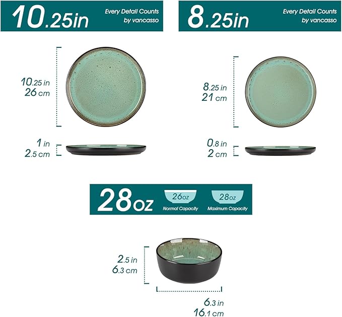 vancasso Plates and Bowls Sets, 18 Pieces Stoneware Dinnerware Sets for 6, Kitchen Dish Set Mircowave and Dishwasher Safe Dinner Set Ceramic Dishware, Turf Green, Series AMBER