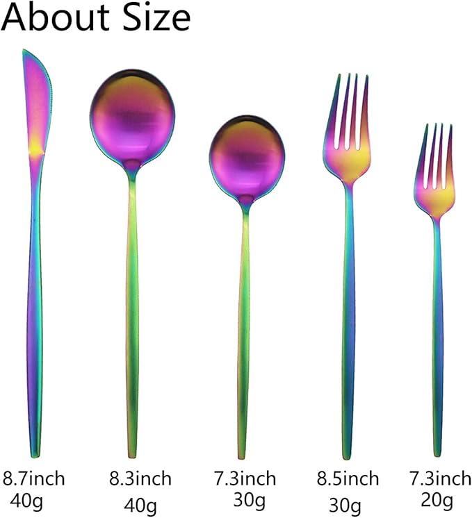 JASHII Flatware Silverware Set Stainless Steel Satin Finish Cutlery Set Service for 6, 30-Piece Spoons And Forks Kitchen Utensil Set, Dishwasher Safe (Matte Rainbow)