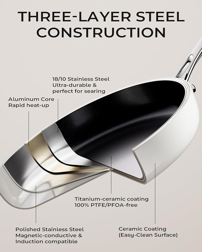 Ceramic Nonstick Frying Pan for Cooking, 10.4 Inch Non Stick Tri-Ply Stainless Steel Pan, Non Toxic Skillet, PTFE & PFOA Free, Compatible with All Stovetops, Dishwasher & Oven Safe