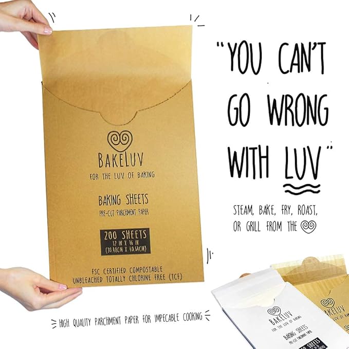 BAKELUV Kraft Brown Parchment Paper Sheets 12x16” | 200 Pcs | Non-Stick Precut Parchment Paper for Baking Sheets, Baking Paper, Unbleached Cookie Sheets, Wax Paper | Oven, Air Fryer, Grilling, Freezer