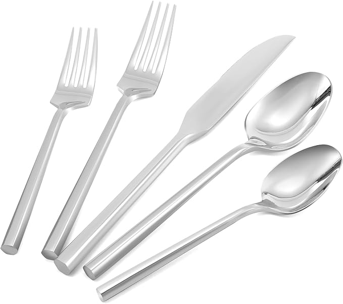 DEACORY Silverware Set Flatware Set Stainless Steel Cutlery Set Silver Mirror Finished Hexagon Handle 5 Pieces Service for 1