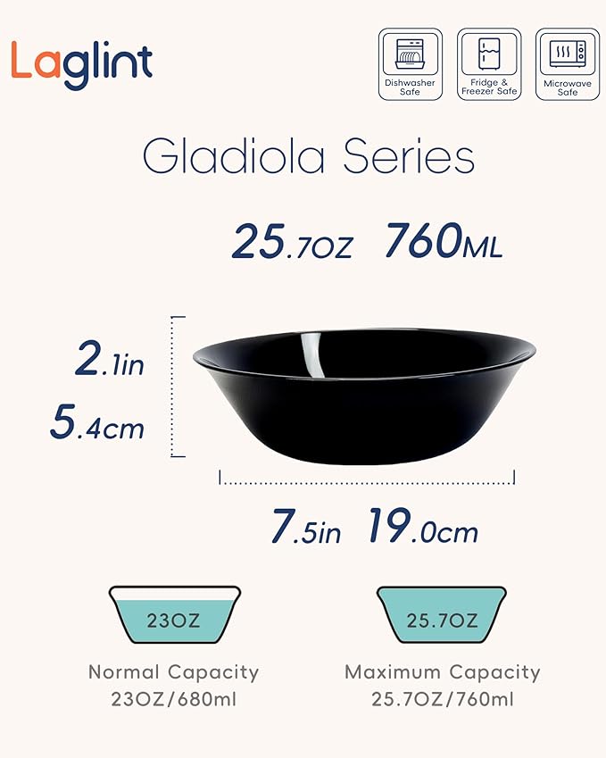 25OZ Cereal Soup Bowl Set of 4, Opal Glass 7.5 inch Black Bowls for Ramen, Noodle, Salad, Fruit, Dishwasher and Microwave Safe