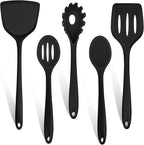 TeamFar Silicone Cooking Utensils Set of 5, Kitchen Utensils Solid & Slotted Spoons Turners Pasta Server for Nonstick Cookware, Healthy & Heat-Resistant, Seamless & Non-Scratch, Dishwasher Safe, Black