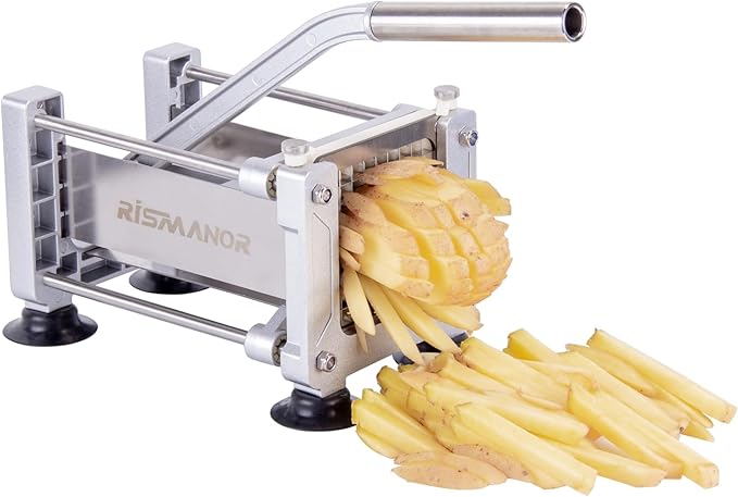 Rismonar French Fry Cutter Stainless Steel Potato Slicer With 1/2in 1/4in 3/8in Blade for Carrots Cucumbers Vegetables (Silver, Machine + 1/2)