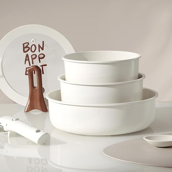 CAROTE 18Pcs Ceramic Cookware Set with Detachable Handle, Pots and Pans Set Non Stick, Non Toxic Kitchen Cooking Sets with Stand-Up Lid, PFAS and PFOA Free, Oven Safe, Induction Ready, Cream White