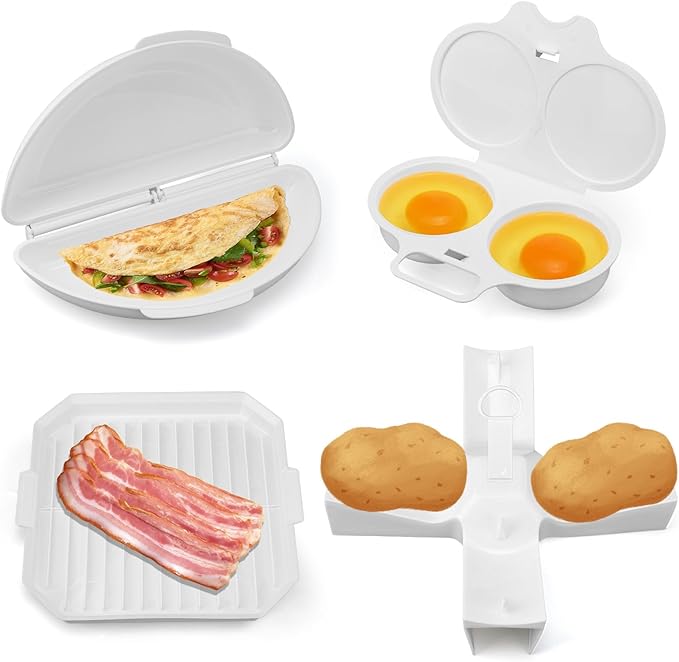 4pcs Microwave Breakfast Set, Including Non-Stick Omelet Maker 2 Cavity Egg Poacher Bacon Baking Tray Potato Rack Easy to Use Microwave Cookware Cooker