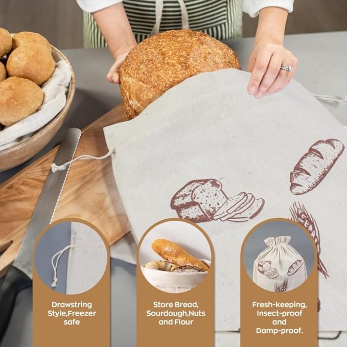 3 Packs Bread Bags for Sourdough, Reusable Bread Bags for Homemade Sourdough,TPU Lining with BPA-Free to Keep Fresh