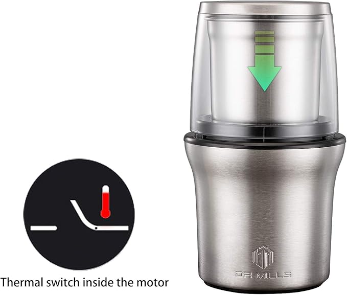 DR MILLS DM-7412M Stainless Steel Electric Dried Spice and Coffee Grinder,2 in 1 Wet and Dry, Removable Cups, Dishwasher Safe